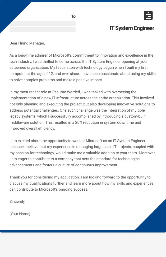 IT System Engineer Cover Letter