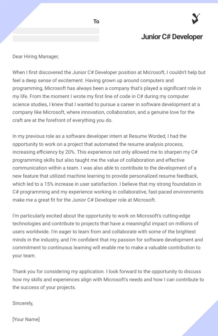 Junior C# Developer Cover Letter