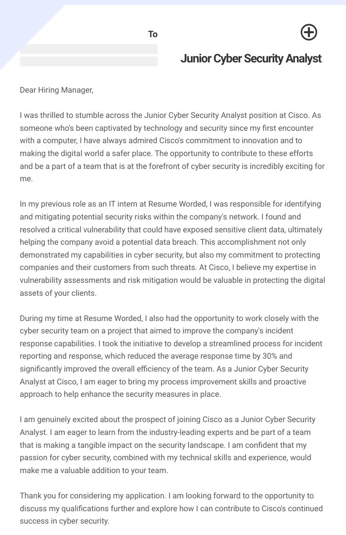 Junior Cyber Security Analyst Cover Letter