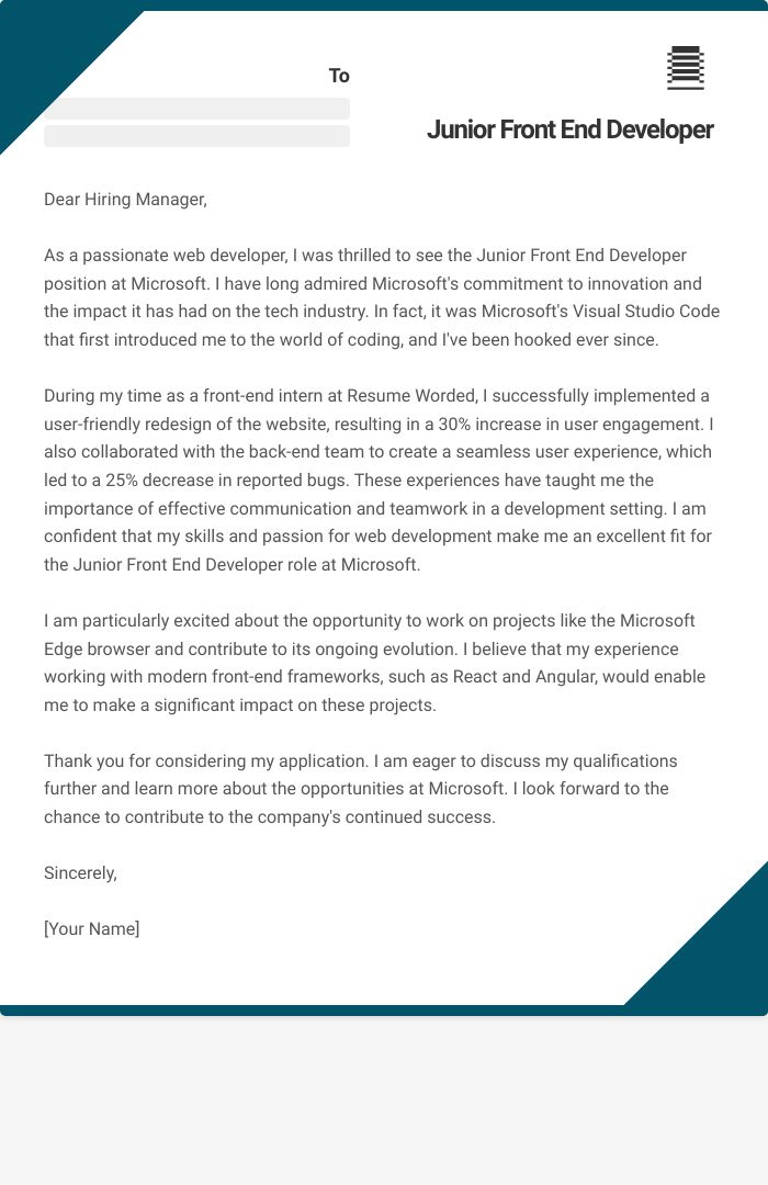 Junior Front End Developer Cover Letter