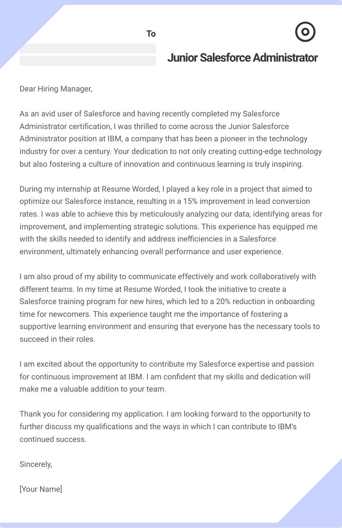 Junior Salesforce Administrator Cover Letter