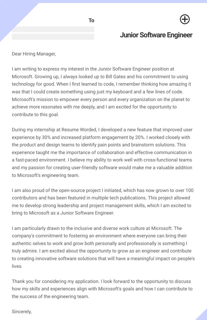 Junior Software Engineer Cover Letter