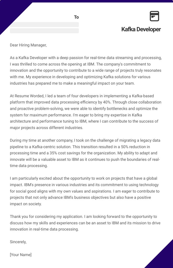 Kafka Developer Cover Letter