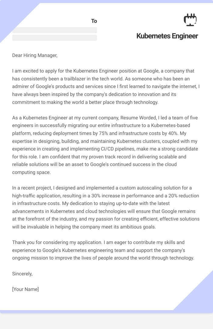 Kubernetes Engineer Cover Letter
