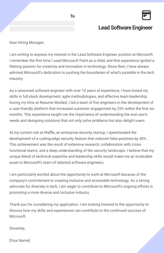 Lead Software Engineer Cover Letter