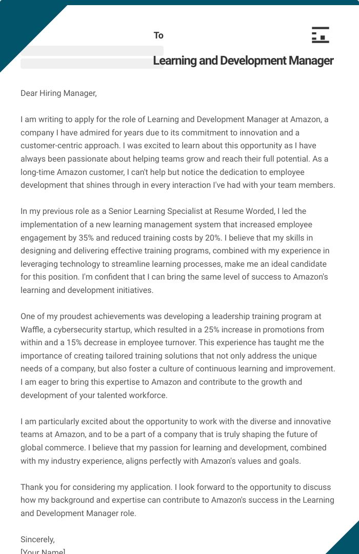 Learning and Development Manager Cover Letter