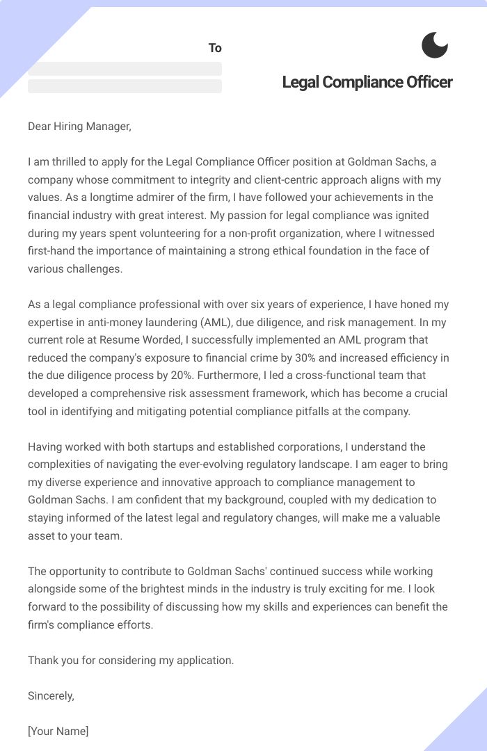 Legal Compliance Officer Cover Letter