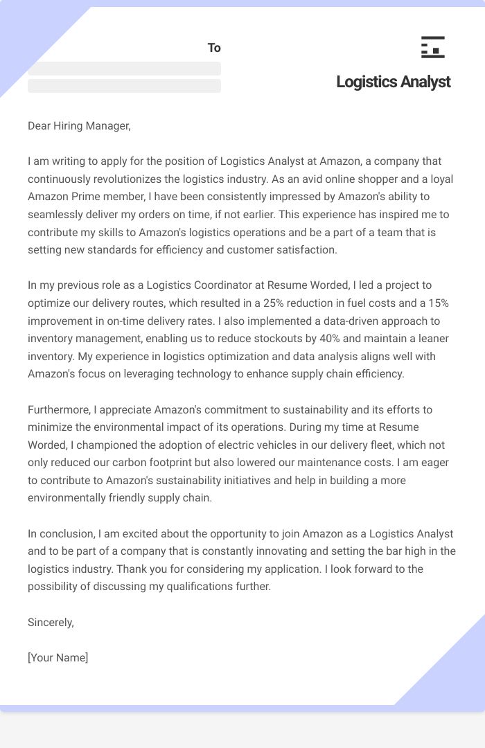 Logistics Analyst Cover Letter