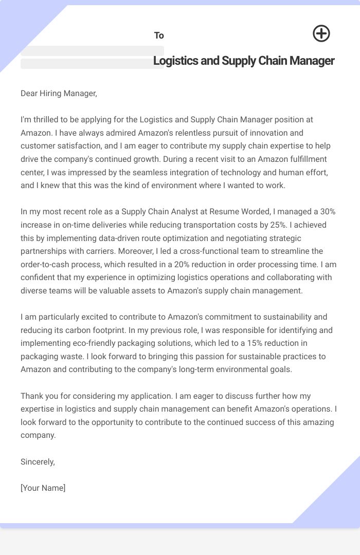 Logistics and Supply Chain Manager Cover Letter