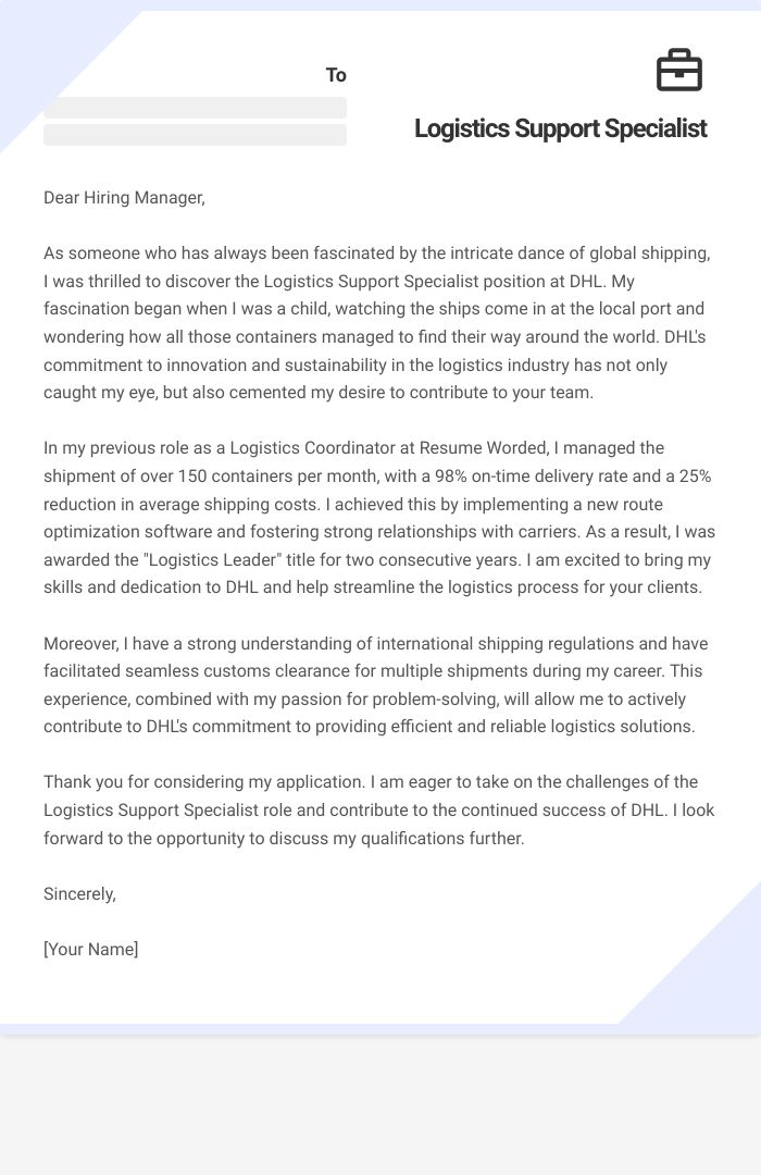 Logistics Support Specialist Cover Letter