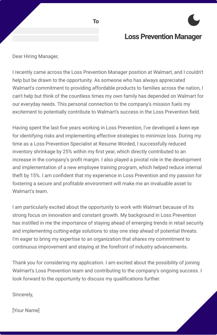 Loss Prevention Manager Cover Letter