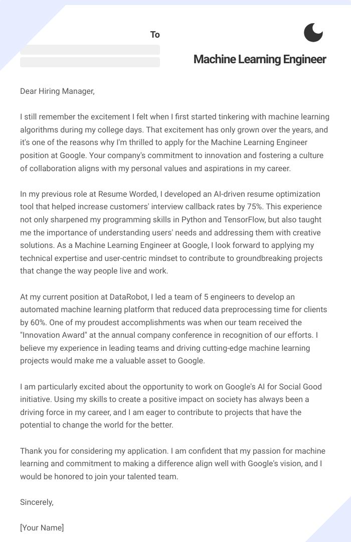Machine Learning Engineer Cover Letter