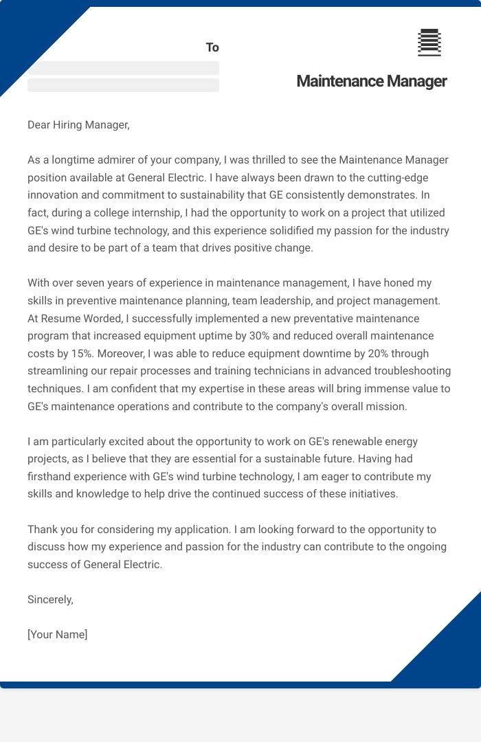Maintenance Manager Cover Letter