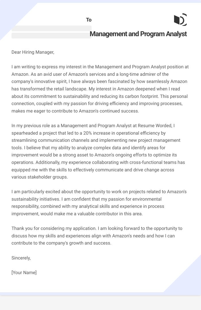 Management and Program Analyst Cover Letter