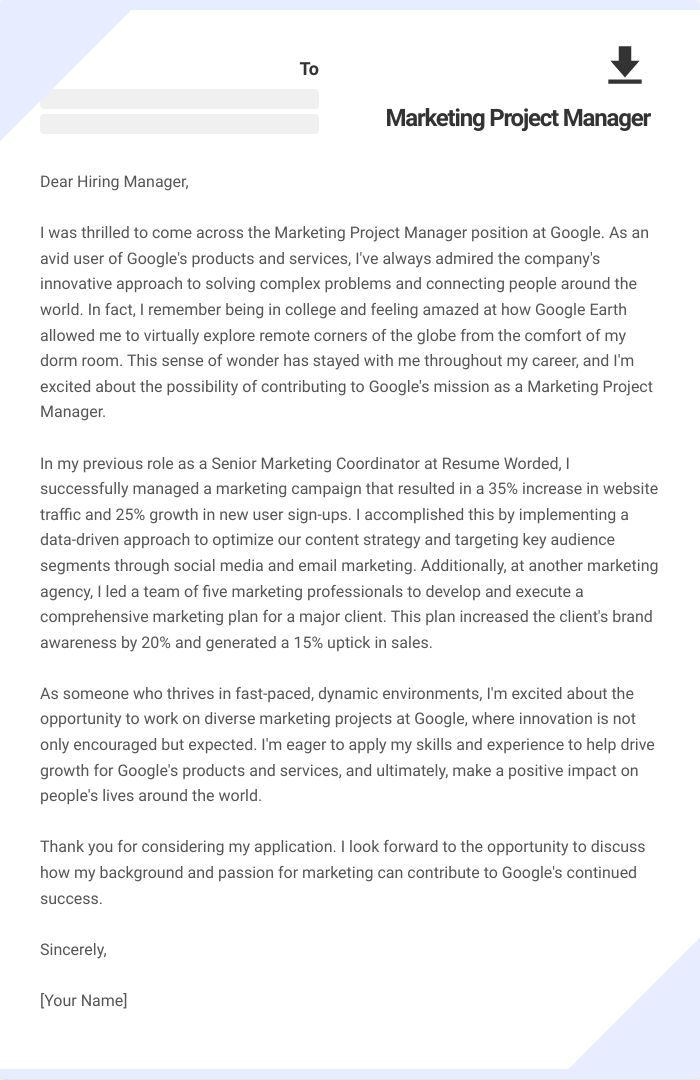 Marketing Project Manager Cover Letter