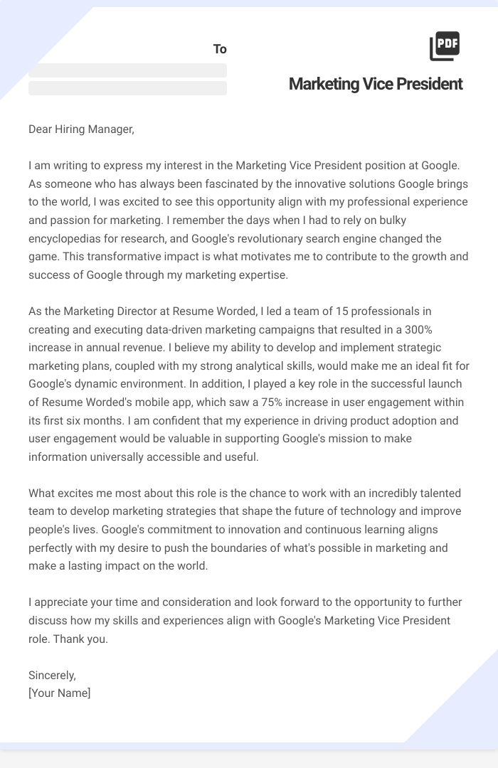 Marketing Vice President Cover Letter