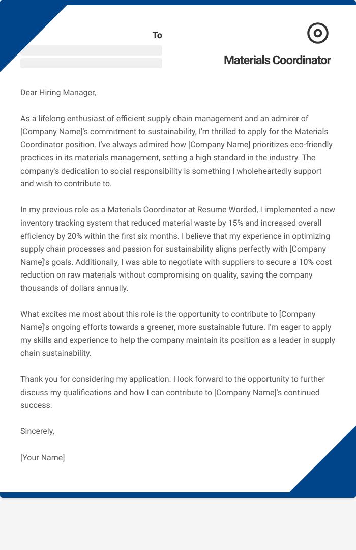 Materials Coordinator Cover Letter
