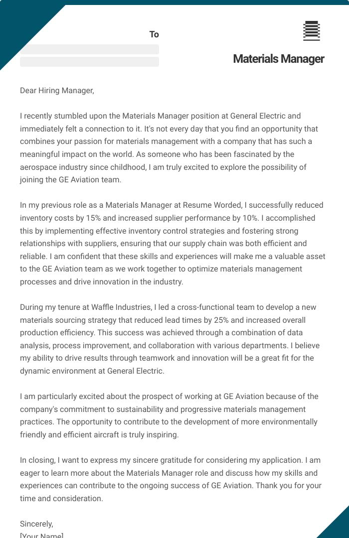 Materials Manager Cover Letter
