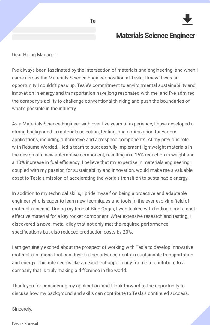 Materials Science Engineer Cover Letter