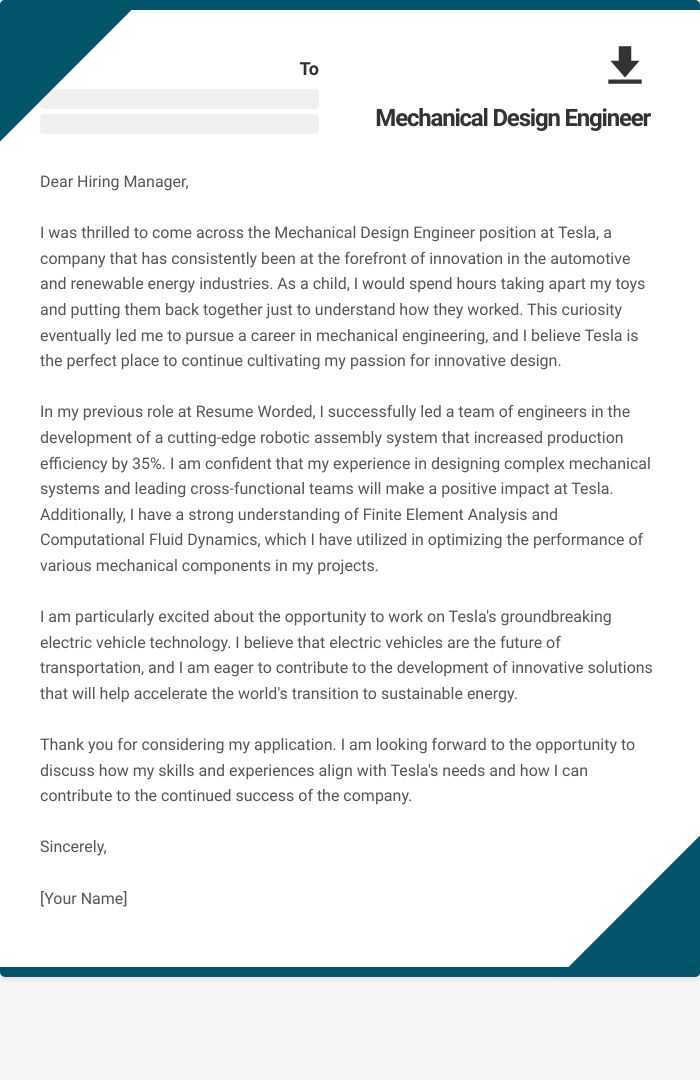 Mechanical Design Engineer Cover Letter