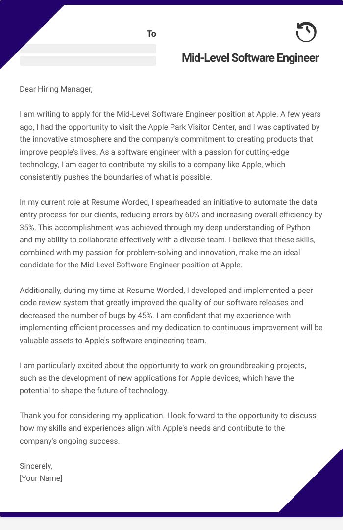 Mid-Level Software Engineer Cover Letter