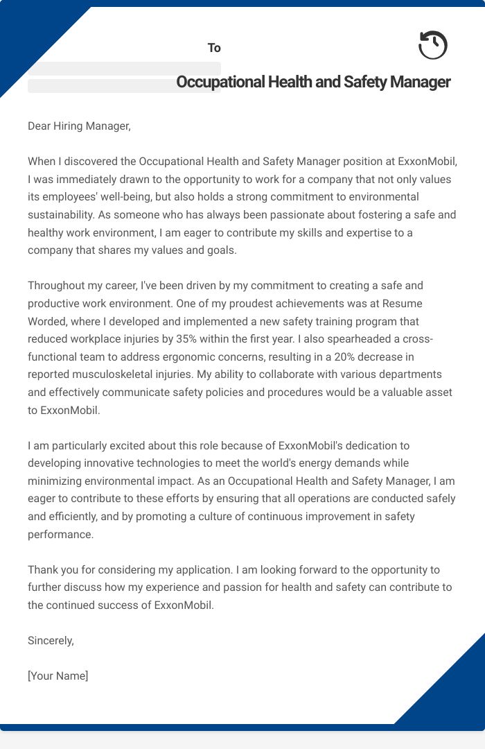 Occupational Health and Safety Manager Cover Letter