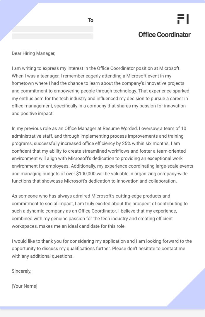 Office Coordinator Cover Letter
