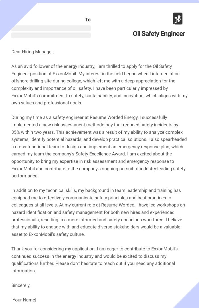 Oil Safety Engineer Cover Letter