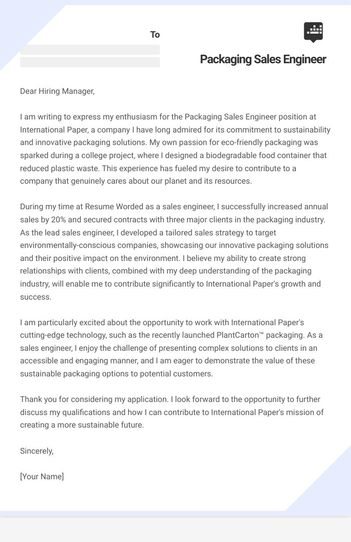 Packaging Sales Engineer Cover Letter