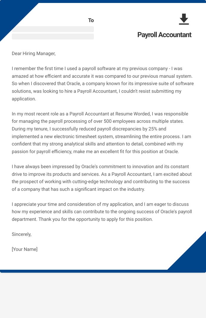 Payroll Accountant Cover Letter