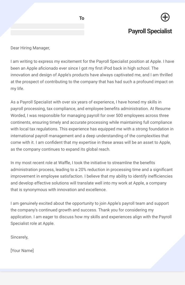 Payroll Specialist Cover Letter