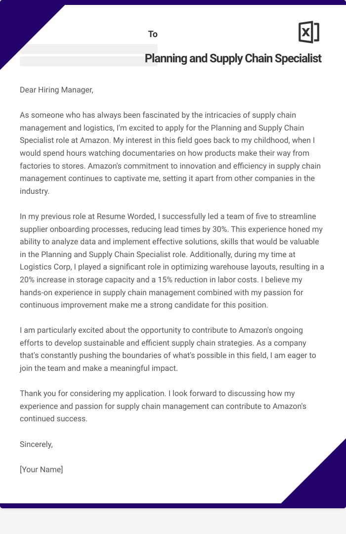 Planning and Supply Chain Specialist Cover Letter