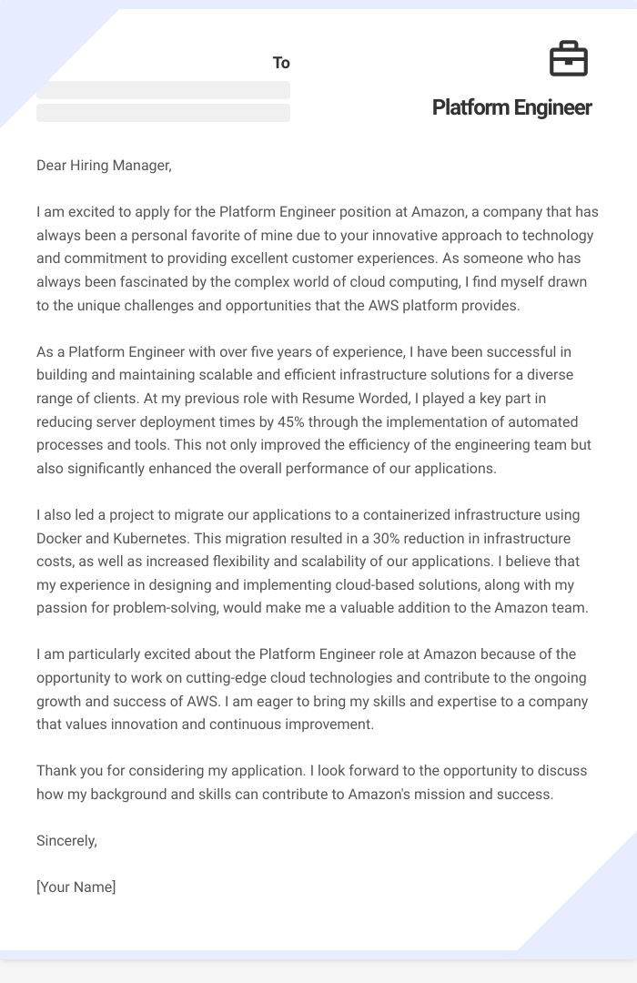 Platform Engineer Cover Letter