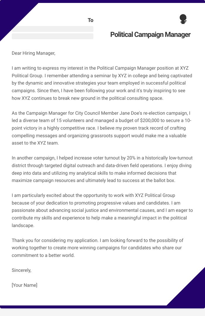 Political Campaign Manager Cover Letter