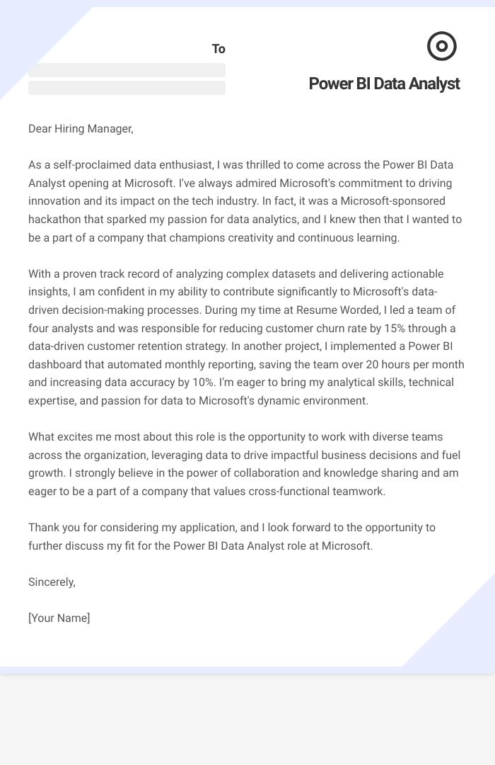 Power BI Data Analyst Cover Letter