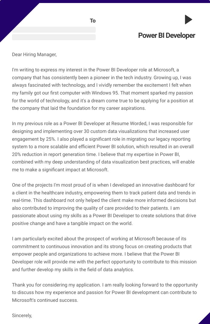 Power BI Developer Cover Letter
