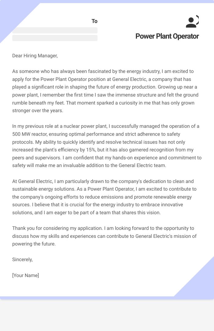 Power Plant Operator Cover Letter