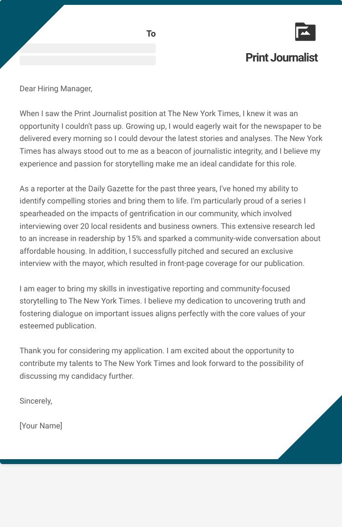 Print Journalist Cover Letter