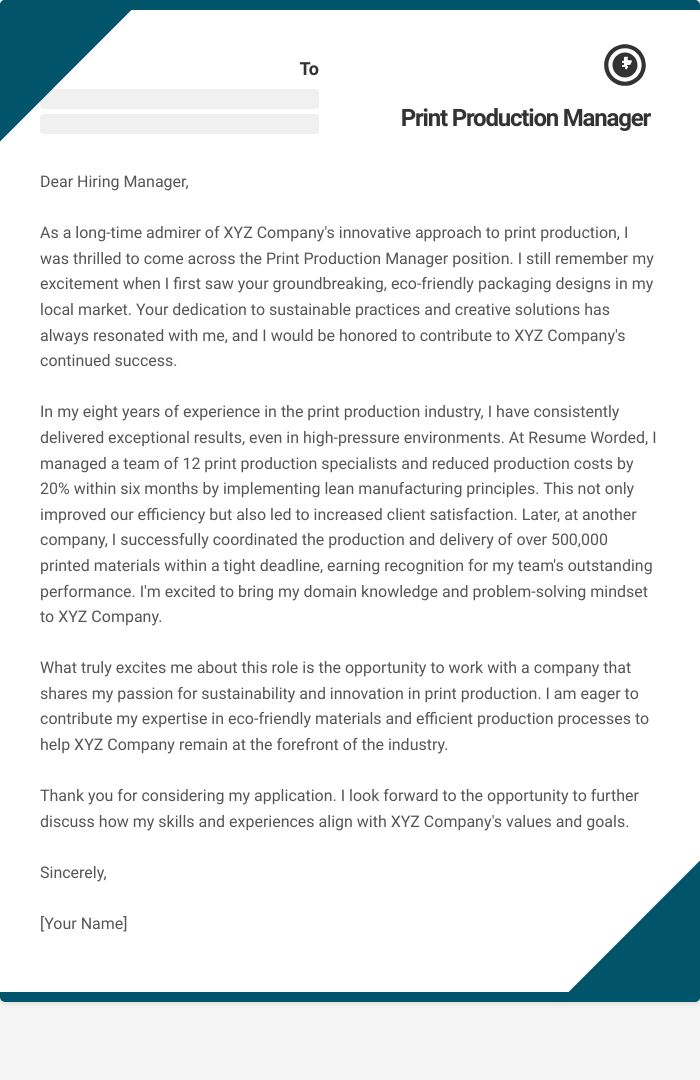 Print Production Manager Cover Letter