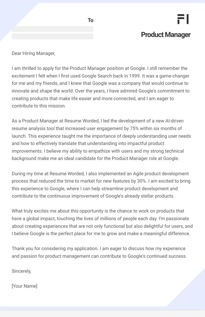 Product Manager Cover Letter