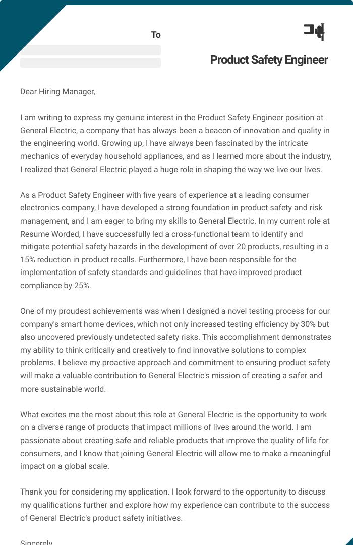 Product Safety Engineer Cover Letter