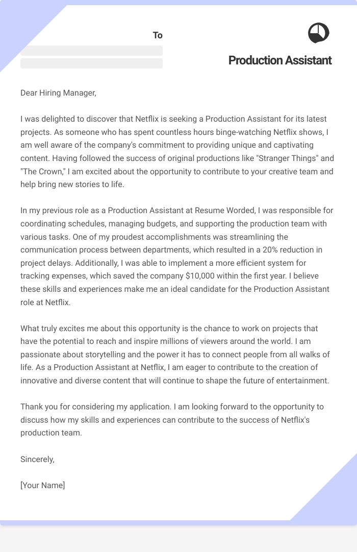 Production Assistant Cover Letter