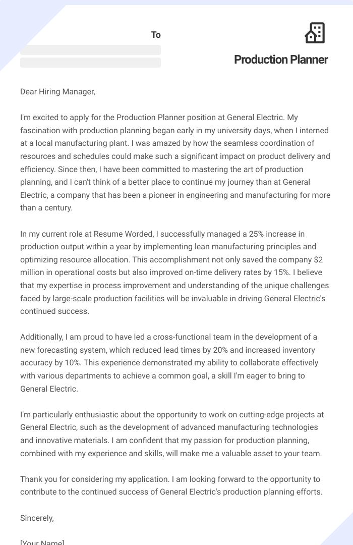 Production Planner Cover Letter