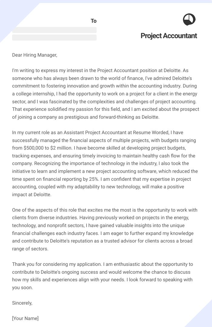 Project Accountant Cover Letter