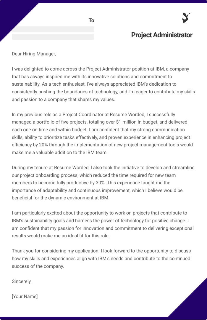 Project Administrator Cover Letter