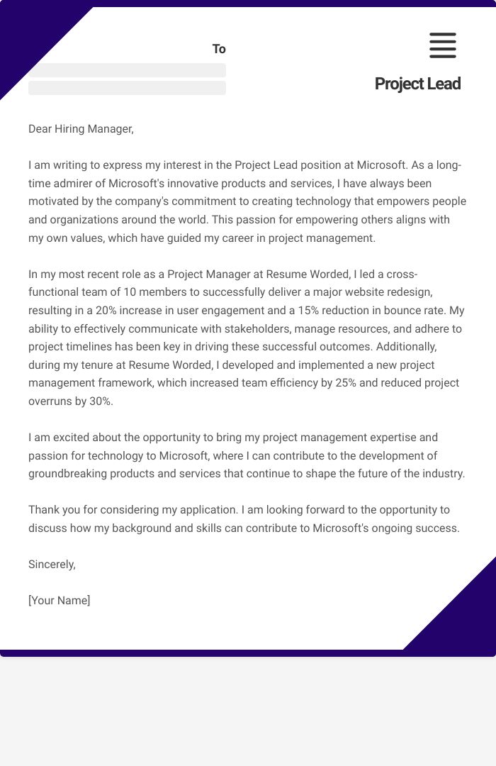 Project Lead Cover Letter