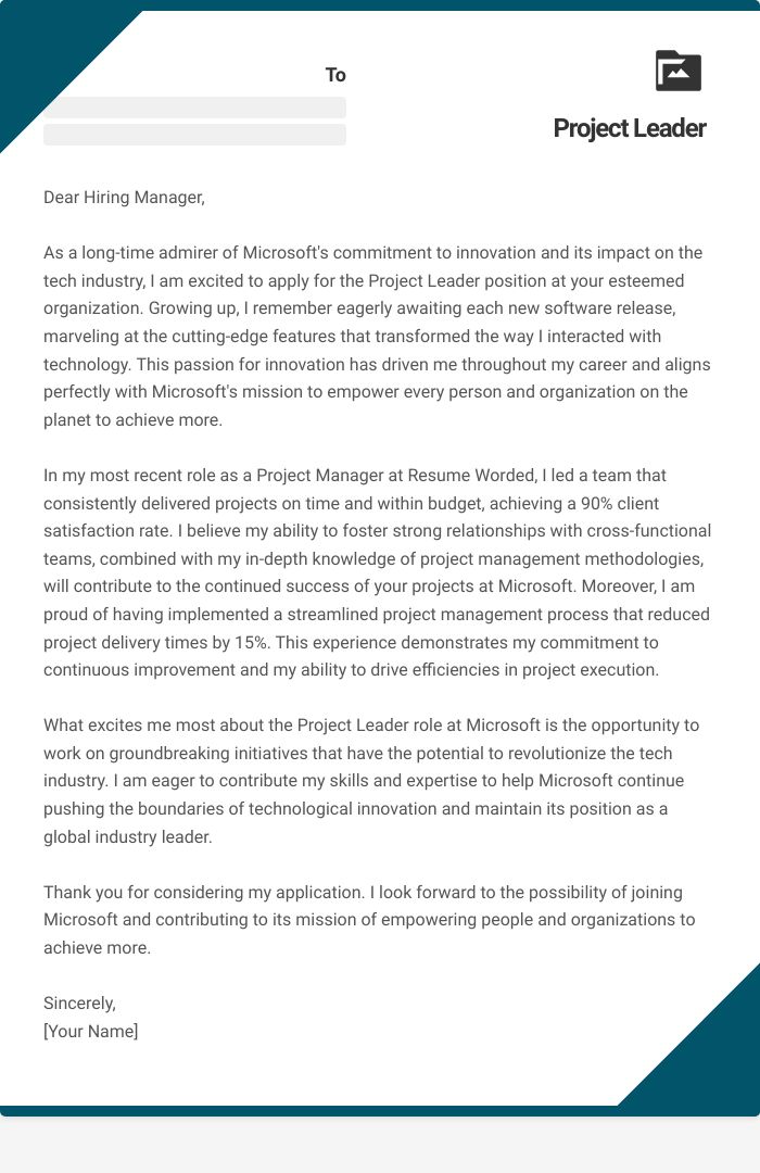 Project Leader Cover Letter