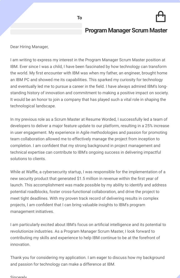 Program Manager Scrum Master Cover Letter