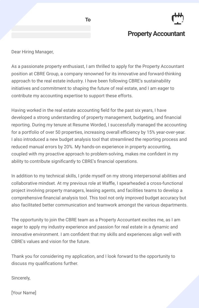 Property Accountant Cover Letter