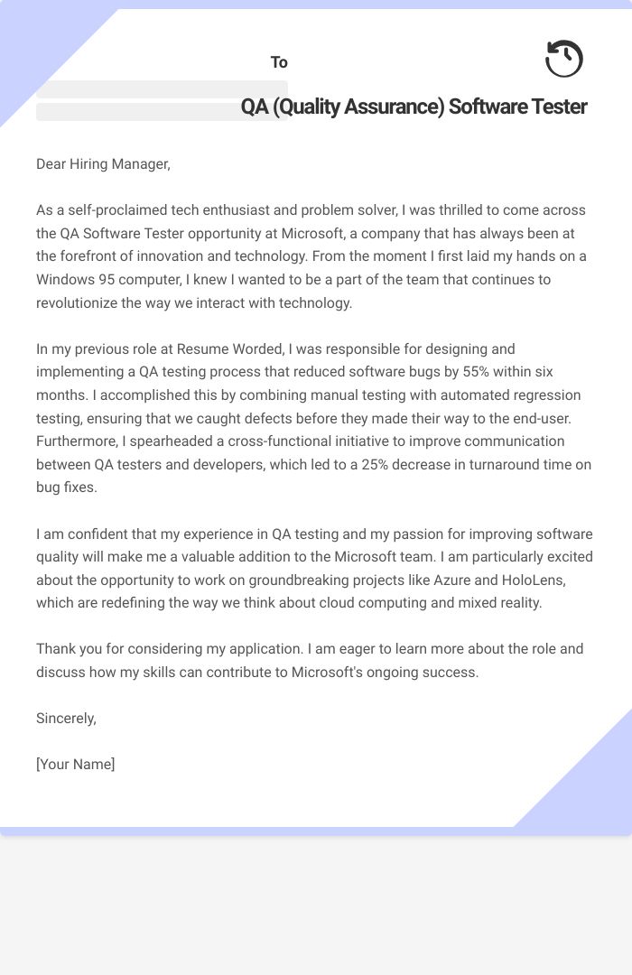 QA (Quality Assurance) Software Tester Cover Letter